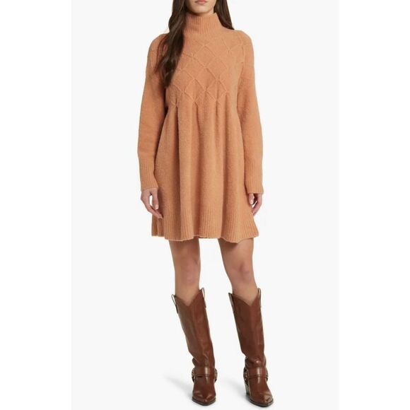Free People Jaci Sweater Dress S Long Sleeve Mock Neck Knit Textured Wool “Doe” - Picture 6 of 16